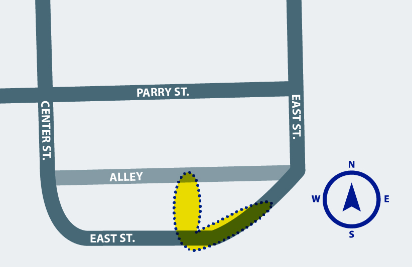 A highlighted project area that includes a portion of East Street, an alley, and the area between the two roadways.